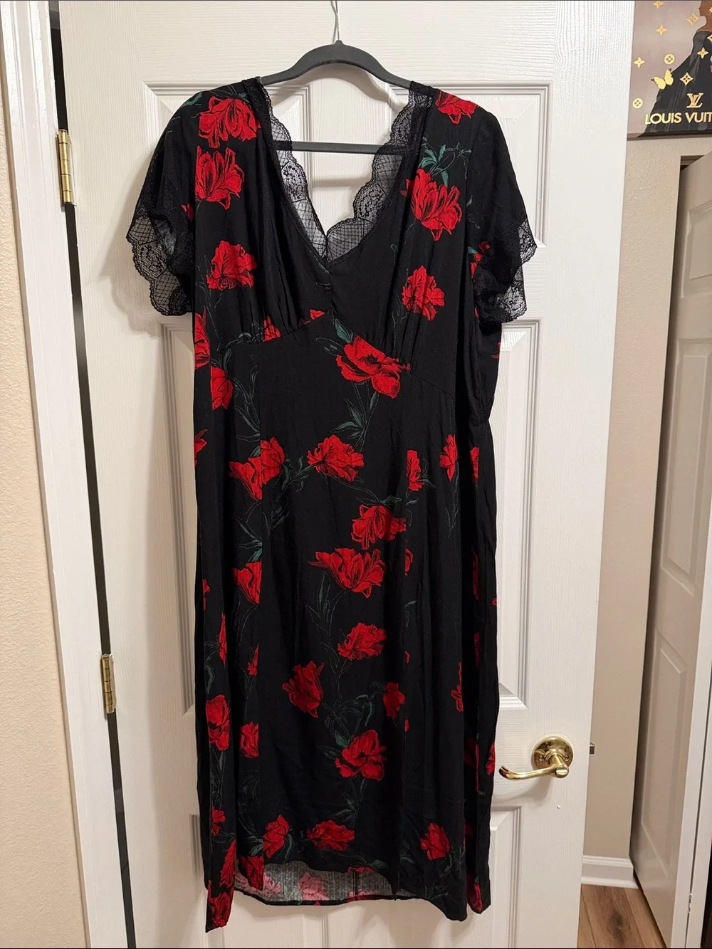 Idyllwind Black Dress with Red Floral Print and Lace Trim